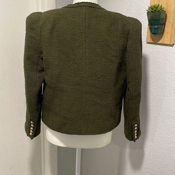 Zara Khaki Green Textured Open Front Blazer Gold Buttons Shoulder Pad Size Large - Picture 8 of 10